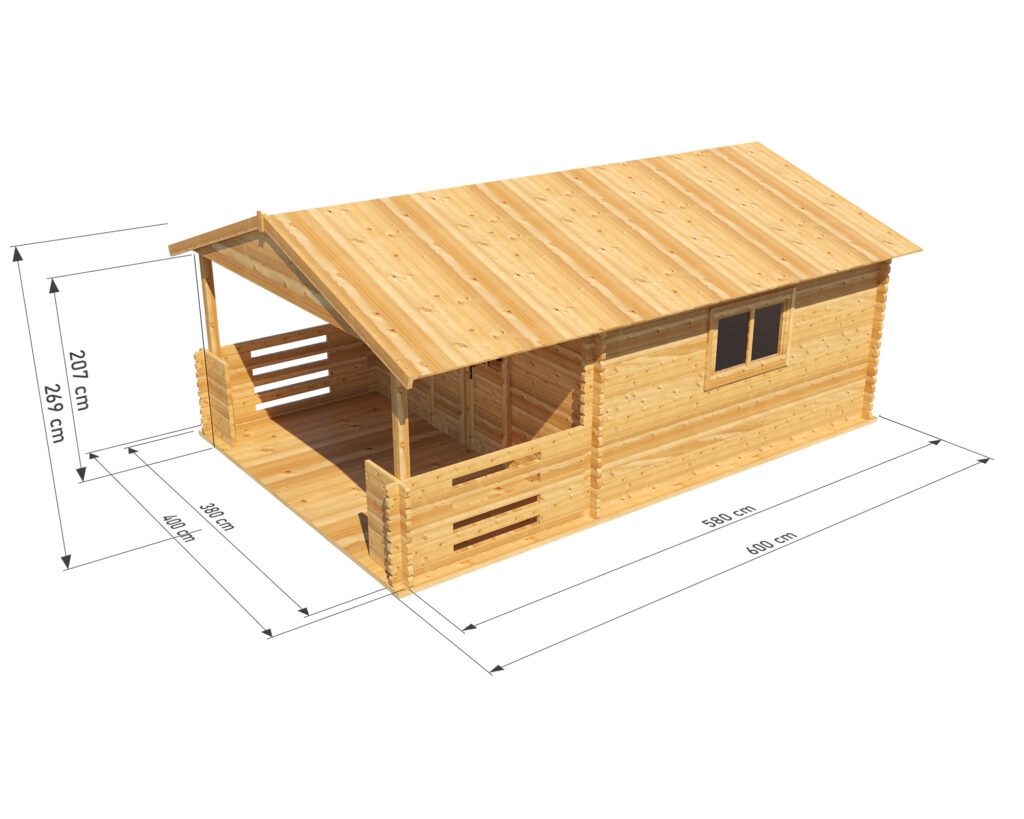 Wizualizacja drewnianego domku Heidi z podanymi wymiarami. Wymiary chaty: 600 cm długości, 500 cm szerokości, 269 cm wysokości, z werandą o długości 400 cm i szerokości 300 cm