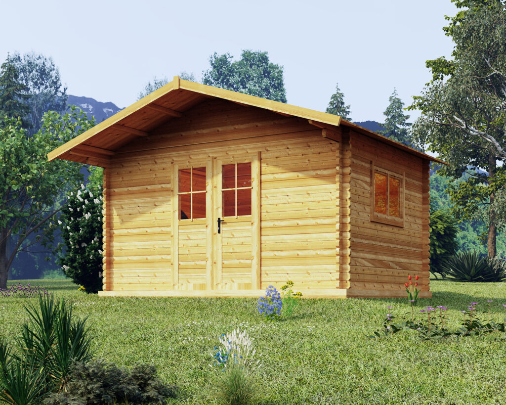 Wizualizacja drewnianego domu Max od Domki Sauny na łonie natury bez werandy. Chata ma drzwi wejściowe z przeszklonymi panelami i jedno okno z boku.